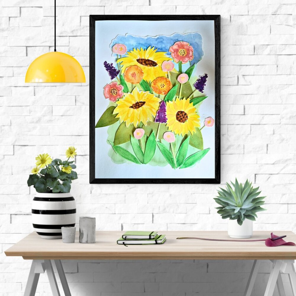 Unique Watercolor Sunflower Collage Original Painting - 9"x12"